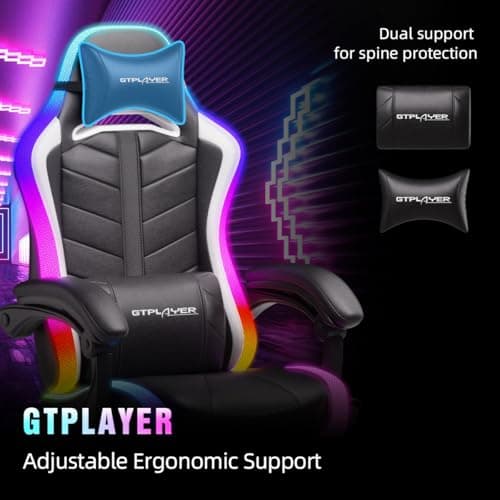 GTPLAYER Gaming Chair, Computer Chair with RGB LED Lights, High Back Ergonomic Chair for Adults with Footrest and Linkage Armrests& Headrest Lumbar Support (Without Bluetooth Speakers)
