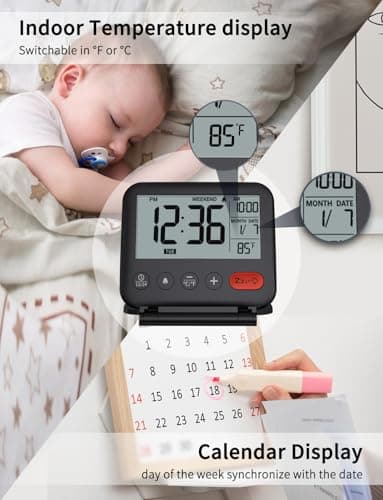 NOKLEAD Digital Travel Alarm Clock for Bedroom Office: Small LCD Desk Clock with Backlight Date Temperature Snooze 12/24H Weekend Mode and Mirror, Battery Powered Folding Bedside Clock for Adult Kids