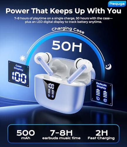 Nequga Wireless Earbuds Bluetooth Headphones, 50H Playtime Ear Buds with Mic, LED Digital Display Charging Case, IPX7 Waterproof, Deep Bass Stereo, in-Ear Earphone for iPhone Andriod Phone