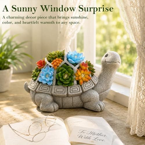 Nacome Solar Garden Outdoor Statues Turtle with Succulent and 7 LED Lights - Lawn Decor Tortoise Statue for Patio, Balcony, Yard Ornament - Unique Housewarming Gifts