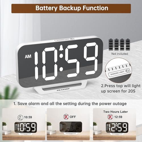 Peakeep Slim Digital Mirror Aesthetic Alarm Clock for Bedrooms Desk Decor, Plug in Electric Big LED Modern Small Clock for Office Living Room, Battery Backup, 6 Dimmers (White)
