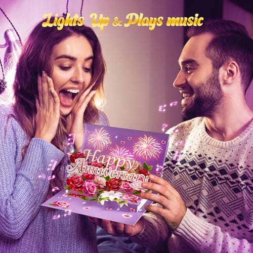Airpark Anniversary Card with Music & Lights, 3D Pop Up Happy Anniversary Cards for Him Her Husband Wife Couple, Fireworks & Rose Lily Paper Flowers