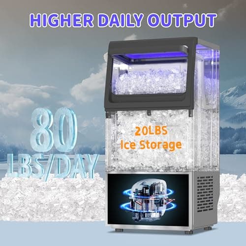 Commercial Nugget Ice Maker 80Lbs/24H with 15Lbs Storage, Stainless Steel Pellet Ice Machine, Ready in 10-15 Mins, Self-Cleaning for Home Office Bars Restaurants