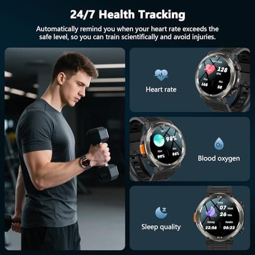 IOWODO Military Smart Watch for Men -100-Day Long Battery Life,Fitness Tracker with LED Flashlight/Compass,Heart Rate Monitor,120+ Sports Modes,IP68 Waterproof,Bluetooth Call Smartwatch for iOSAndroid