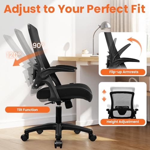 NEO CHAIR Office Desk Gaming Chair Computer High Back Mesh Seat with Rolling Wheels Ergonomic Adjustable Comfy Flip-up Armrests Lumbar Support Height for Home (Black)