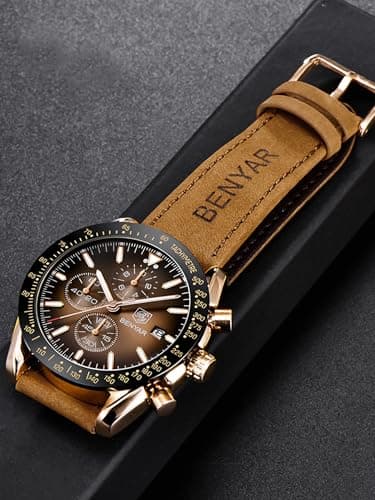 BENYAR Mens Watches Quartz Movement Chronograph Leather Strap Fashion Business Sport Design 30M Waterproof Scratch Resistant Elegant Gifts for Men