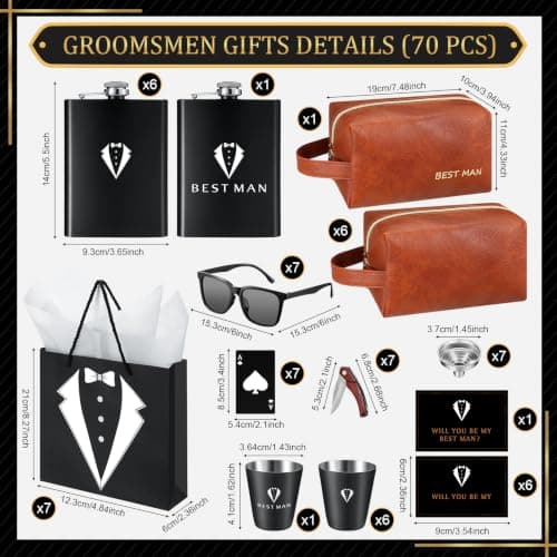 Complete Groomsmen Proposal Gift Set for Wedding with Flasks Shot Glasses Toiletry Bags Sunglasses Gift Cards and Bags Rigibright 70 Pcs Groomsmen Gifts Set of 7 for Wedding Best Man Gift B0DNW32F5Z