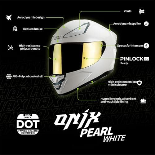 HAX Onix Full Face Motorcycle Helmets DOT Approved, Pinlock Ready & Intercom Slot , Motorbike Powersports Street Racing for Men Women（Pearl White, L)