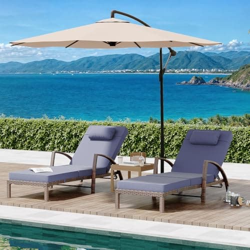 GarveeLife 2-Piece Rattan Patio Folding Chaise Lounge, 5-Position Adjustable Backrest Outdoor Lounge Chair with Cushion and Pillow for Poolside, Backyard, Deck, Porch, Blue