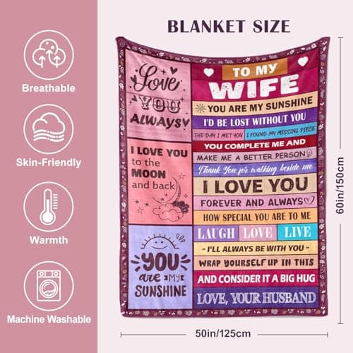 Gifts for Wife from Husbend - Anniversary Wedding Gifts for Women - Best Wife Birthday Gift Ideas - Christmas Mothers Valentines Day Romantic I Love You Gift for Her - To My Wife's Blanket 50"x60"
