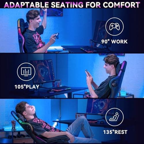 GTPLAYER RGB Gaming Chair with Speakers - LED Computer Game Chair for Adults, PC Home Office Chairs with Footrest & Lights, Reclining Desk Chairs, Dark Black
