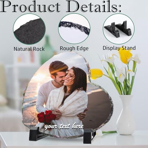 LOUISMIAA Personalized Picture Frame Custom Photo Stone Rock Slate Plaque Frames, Customized Gifts for Mothers Fathers Day Valentine's Day Wedding Birthday Christmas, Heart Shape 5.9x5.9 in B0CWRTPFKL