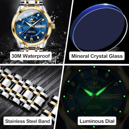 OLEVS Men's Stainless Steel Watch, Large Face Roman Numerals Diamond Accented Three-Hand Analog Quartz Watches for Men, Easy to Read Day Date Waterproof Luminous Mens Wristwatch