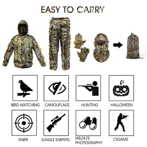 Ghillie Suit Camouflage Hunting Suits Outdoor 3D Leaf Lifelike Camo Clothing Lightweight Breathable Hooded Apparel