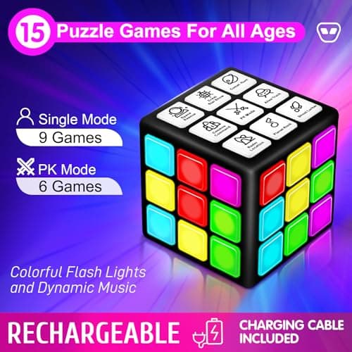 Rechargeable Game Handheld Cube - 15 Fun Brain & Memory Game with Score Screen - Christmas Easter Birthday Gifts for Boys Girls Ages 6-12+ Years Old - Toy Gift Idea for Kids Teens (Black)