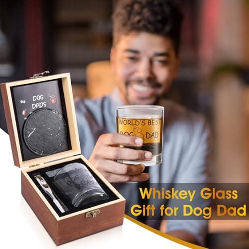 Dog Dad Gifts, Best Gift for Dad, Gift with 12oz Whiskey Glasses, Stones, Coaster, Wooden Box for Dogfather