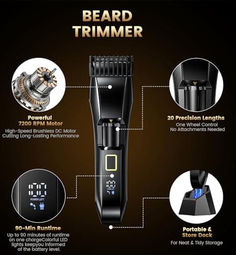 Men's Beard Trimmer-All-in-One Mustache Trimmer for Men with 20 Length Adjustable, Stainless Steel T-Blade for Precision Facial Hair Trimming Cordless IPX7 Waterproof Wet/Dry Clipper,LED Display