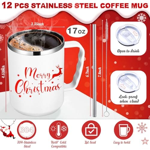 Stainless Steel Insulated Tumbler Bulk, Xmas Cup Straw Lid, for Teacher Coworker Team, Holiday Prints, Office Party Favors Umigy 12 Pcs Christmas Coffee Mug Bulk 17oz Employee Appreciation Gift Cute B0D59Y943Q