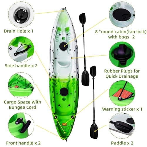 Fishing Kayaks, 12.4FT Sit on Top Kayak for 2-3 Person Adults with Paddle & Comfortable Seat, Capacity of 600LBS, Hard Shell Recreational Ocean Kayak Boat, Green