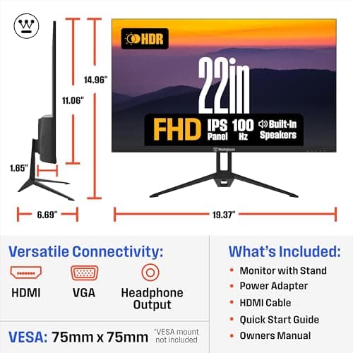 Westinghouse 22 Inch Computer Monitor, 1080P FHD IPS Frameless Gaming Monitor,100Hz, 1ms, Built-in Speakers, Eye Care, Adaptive Sync Support (FreeSync Compatible), HDR, VESA, HDMI & VGA w/Gaming Mode