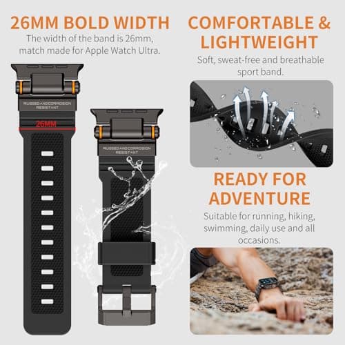 FOAMUNOC Rugged Band Compatible with Apple Watch Ultra 3/2/1 Band 49mm/46mm/45mm/44mm/42mm, Metal Connector with Silicone Strap for iWatch Ultra Series 11/10/9/8/7/6/SE3/SE2/SE/5/4/3/2/1, Black/Black