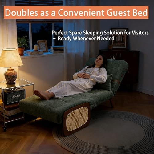3-in-1 Convertible Sleeper Chair Bed for Adults, Chenille Fabric Armchair with 5-Level Adjustable Backrest, Folding Single Sofa Couch Futon Guest Bed with Pillow for Small Spaces, Office, Green 35.43"