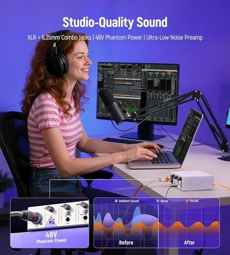 Synido USB C Audio Interface for Recording Music, Streaming, Podcasting with XLR, Line Input, 24bit/48kHz, 48V Phantom Power, 2-channel, Silver