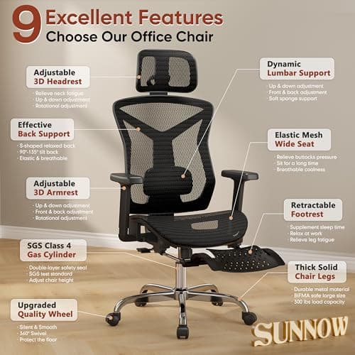 Ergonomic Office Chair with Footrest, Desk Chair Comfy with 3D Adjustable Lumbar Support & Arm & Headrest, 4 Gear 90°-135° Tilt, Wide Air Mesh Seat, Heavy Duty Class-4 Gas Lift, Computer Gaming Chair