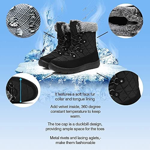 JSWEI Winter Boots for Women - Soft Comfortable Faux Fur Mid Calf Winter Snow Boots Totes Boots Lace up Snow Boots Winter Boots with Insulated Black for Outdoor