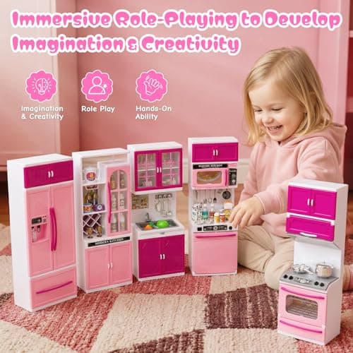 5 in 1 Kids Kitchen Playset Toys with Light & Sound, Doll House Furniture Accessories, 64 PCS Pretend Cooking Food Set, Play Kitchen for Toddlers, Gifts for Girl Ages 3-5 Year Old