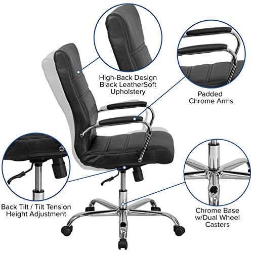 Flash Furniture Whitney High-Back Swivel LeatherSoft Desk Chair with Padded Seat and Armrests, Adjustable Height Padded Office Chair, Black/Chrome