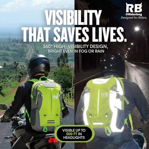 Reflective Motorcycle Backpack – Hi Viz EDC Commuter Bag for Riders, Night Travel, and Daily Use with Helmet Holder, Laptop Compartment, Ventilated Back, Urban Gear (green backpack)