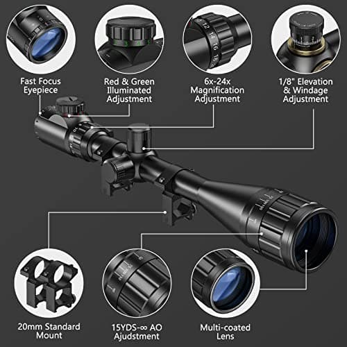 CVLIFE Rifle Scope 6-24x50 AO Red and Green Illuminated Long Range Scope for Hunting with Scope Rings