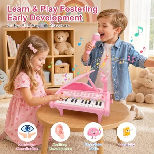 Kids Piano with 22 songs, 8 Percussion Sounds, LED lights, 4 Instrument Modes and Connect to MP3, Phone & Tablet Love&Mini Piano Toys for Girls, 24-Key with Mic, Record & Playback, Ages 3+ B08RB4H9ZN