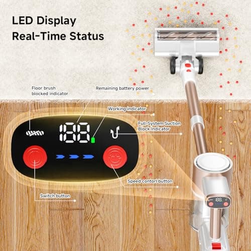 Honki Cordless Vacuum Cleaner, 500W/40Kpa Vacuum Cleaners for Home, Stick Vacuum Cordless with LED Display, Anti-Tangle & Wall Mount, 8 in 1 Lightweight Vacuum for Hard Floors Pet Hair(Gold)