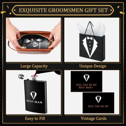 Complete Groomsmen Proposal Gift Set for Wedding with Flasks Shot Glasses Toiletry Bags Sunglasses Gift Cards and Bags Rigibright 70 Pcs Groomsmen Gifts Set of 7 for Wedding Best Man Gift B0DNW32F5Z