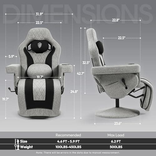 Dowinx Racing Style Gaming Recliner Chair with Massage Lumbar Support, Footrest, Cup Holder, Side Pouch, High Back Ergonomic Video Game Chair Reclining No Wheels Heavy Duty, Fabric Gray