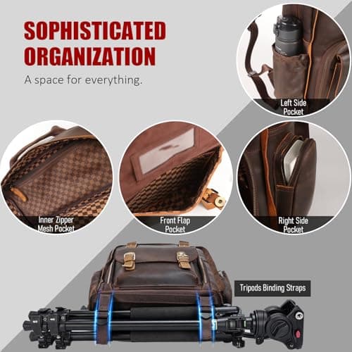 STAR VISTA Bernini Vintage Full Grain Leather Camera Backpack for DSLR/SLR, Camera Case for Photographers, with Tripod Holder, Fits 15.6" Laptop, Casual Outdoor Rucksack, YKK Zippers