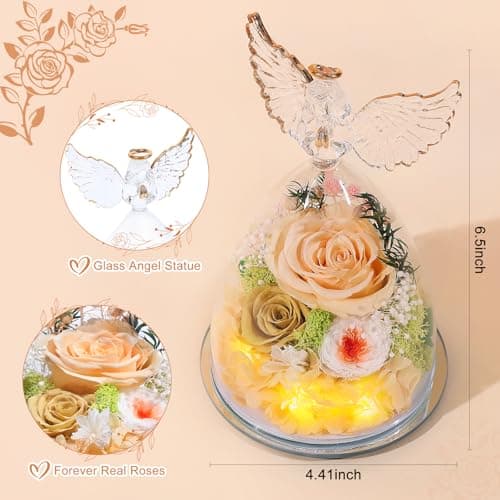 FIACO Preserved Rose Christmas Birthday Gifts for Women Forever Fresh Flowers Delivery Gifts for Mom Grandma Wife Anniversary Eternal Roses in Glass Angel Figurines