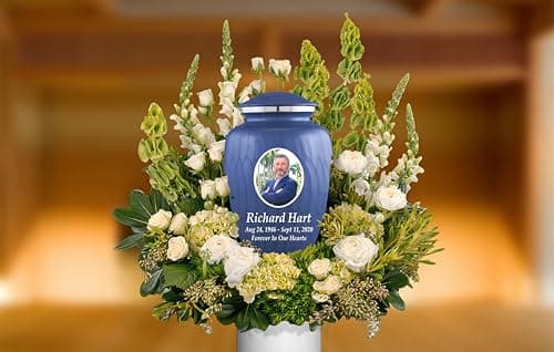 Personalized Photo Cremation Urns for Human Ashes Male Female - 200lbs Custom Photo Burial Urns for Human Ashes - Engraved Handcrafted Funeral Decorative Urns for Adult with Velvet Bag, Blue Enamel B0GLQXZC36