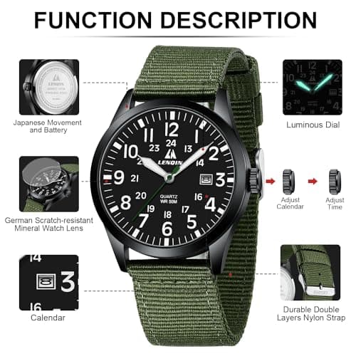 LN LENQIN Mens Watches Unisex Military Sport Nylon Strap Stylish Luminous Fashion Analog Quartz Watch for Men Waterproof Army Tactical Casual Wristwatch
