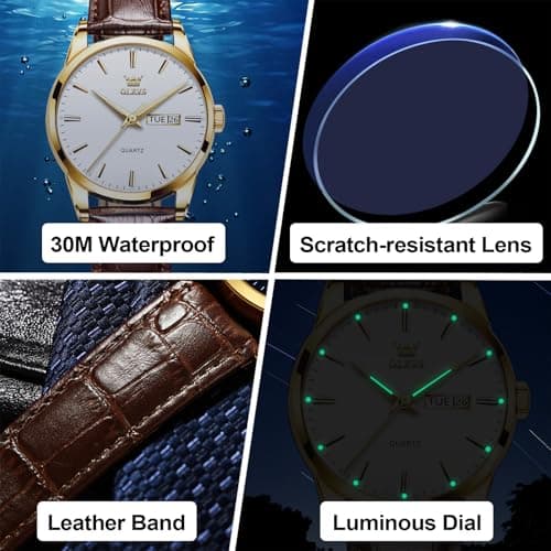 QBAIZI Men's Casual Leather Watch, Easy to Read Three-Hand Analog Stainless Steel Watches for Men, Minimalist Day Date Waterproof Luminous Mens Quartz Wristwatch