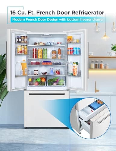 BLACK+DECKER 16 Cu. Ft. French Door Refrigerator with Built-in Ice Maker, Full Size Refrigerator with Bottom Mount Freezer Drawer, ENERGY STAR certified, White