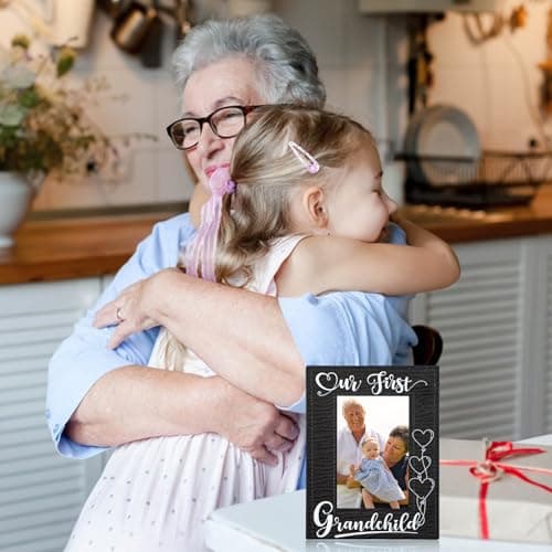 FLYAB First Time Grandparents Picture Frame - Our First Grandchild Leather Photoframe for New Grandparent Christmas Gifts for First Time Grandma Picture Frame Grandparents' Day Gifts