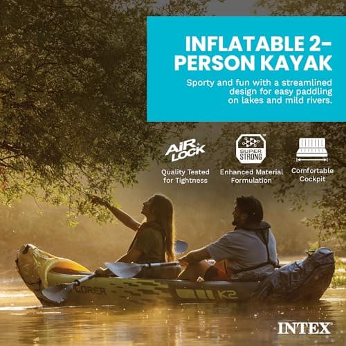 Intex 68307EP Explorer K2 Inflatable Kayak Set: Includes Deluxe 86in Aluminum Oars and High-Output Pump – SuperStrong PVC – Adjustable Seats with Backrest – 400lb Weight Capacity