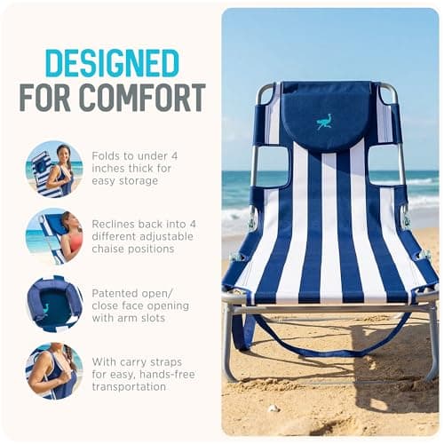 Ostrich The Original Chaise Lounge Portable Reclining Beach Chair, Blue Stripe - Bundled with Custom Fitted Towel Cover, White