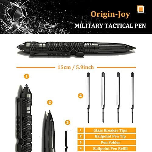 Origin-Joy 2 Pack Tungsten Steel Military Tactical Pen Set, Multifunctional EDC Self Defense Pen With 8 Ballpoint Refills (Black & Gray)