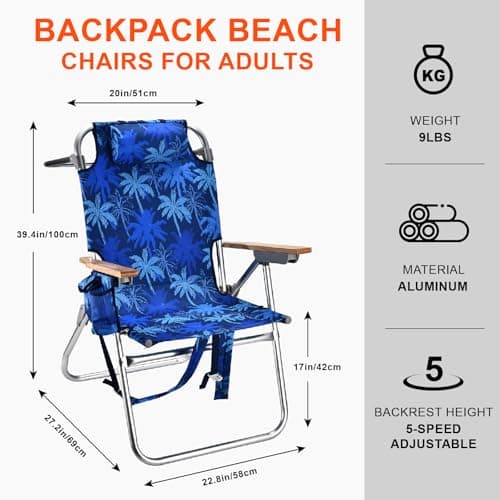Backpack Beach Chairs for Adults Capacity 300 LBS high 5 Position Beach Chair with Pouch Straps Folding Lightweight Reclining Aluminum Wide Lay Flat Single