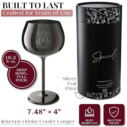 Gusto Nostro 60th Birthday Wine Glass - Happy 60th Birthday Gifts for Women/Men - Stainless Steel Wine Glass with Engraved Vintage Sixty Bday Quote, Luxury Box - Unique Gifts for 60 Year Old Woman,Man B0GGB4H1SW