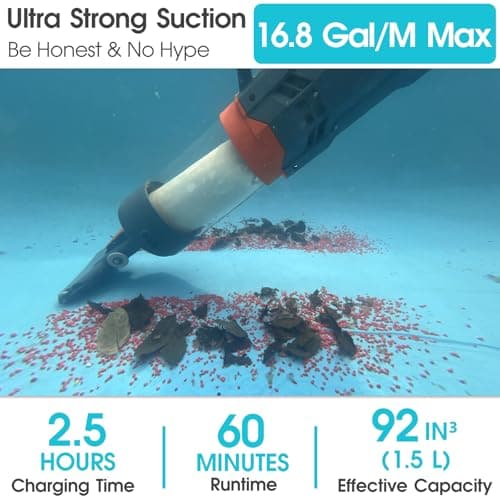 Cordless Heave Duty Pool Vacuum-True Powerful Suction 16.8 GPM, 60M Run-time, 25µm Ultra Fine Mesh Filter, Handheld Rechargeable Hot Tub Cleaner with Poles for Above Ground&Inground Pool